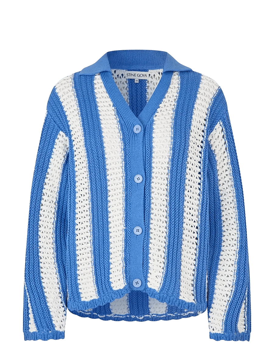 STINE GOYA - 2380 Crochet Texture Knit, Knit Col - cardigans - baseball stripes - 1