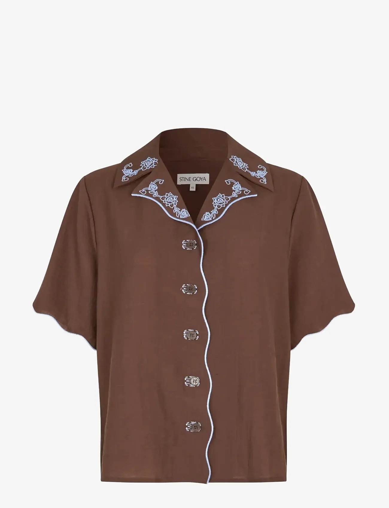 STINE GOYA - 2133 Tencel, Scalloped Short Sleeve - kurzärmlige hemden - roses embroidery - 1