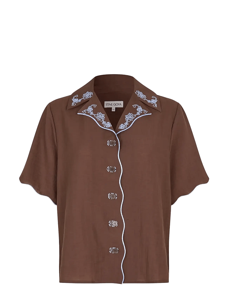 STINE GOYA - 2133 Tencel, Scalloped Short Sleeve - kurzärmlige hemden - roses embroidery - 1