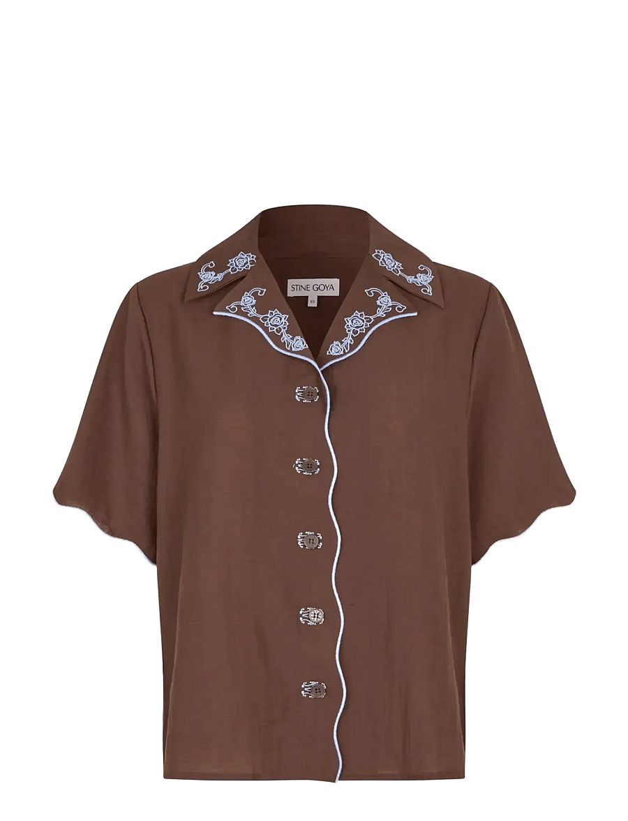 STINE GOYA - 2133 Tencel, Scalloped Short Sleeve - overhemden met korte mouwen - roses embroidery - 1