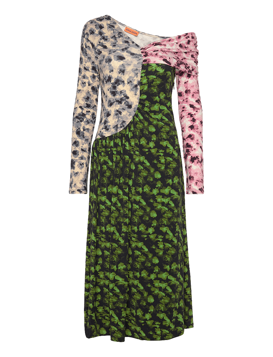 STINE GOYA - One Shoulder Long Sleeve Dress, 225 - feestjurken - dizzy foliage - 1