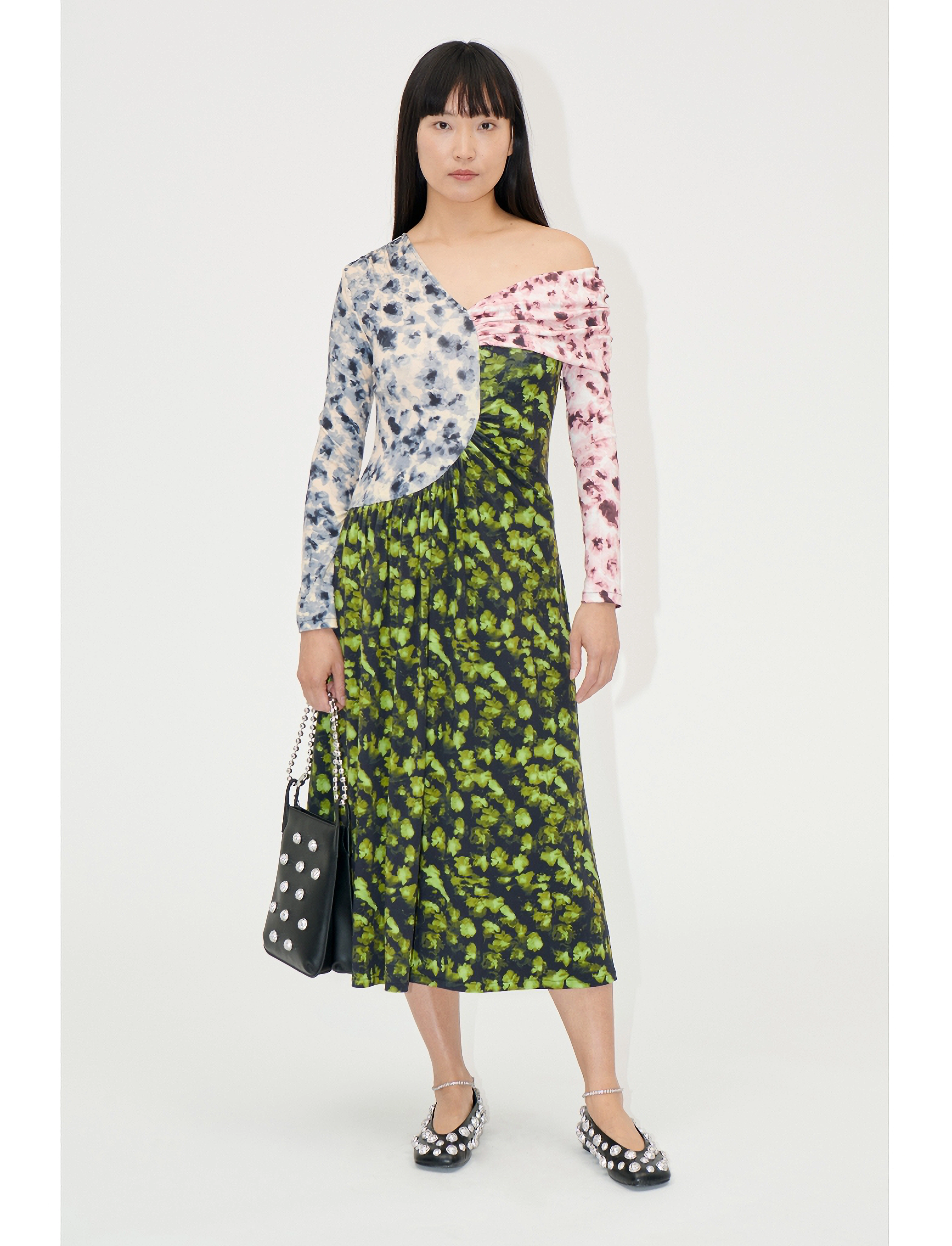 STINE GOYA One Shoulder Long Sleeve Dress, 225, Kvinder, Én Skulder Langærmet Midi Kjole, Multi/mønstret, Str: M