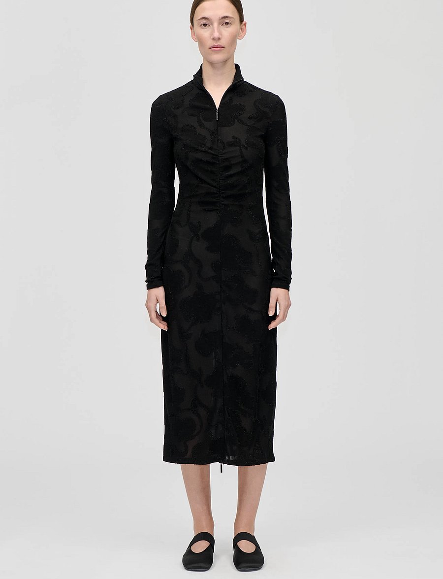 STINE GOYA - Lurex Jersey, Long Sleeve Zip Dress - vakarkleitas - black petunias - 0