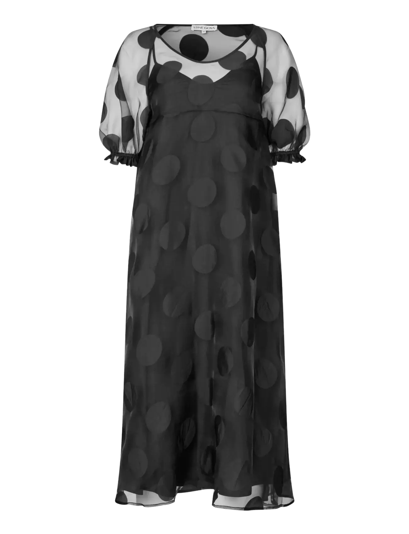 STINE GOYA Dotted Organza, Puff Sleeve Long Dress - STINE GOYA - DOTTED BLACK / black