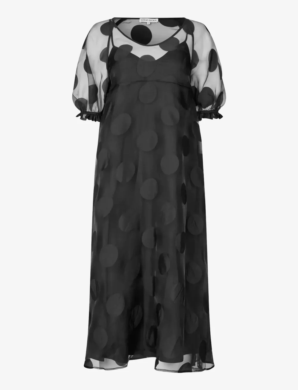 STINE GOYA - 2460 Dotted Organza, Puff Sleeve Lo - midiklänningar - dotted black - 1