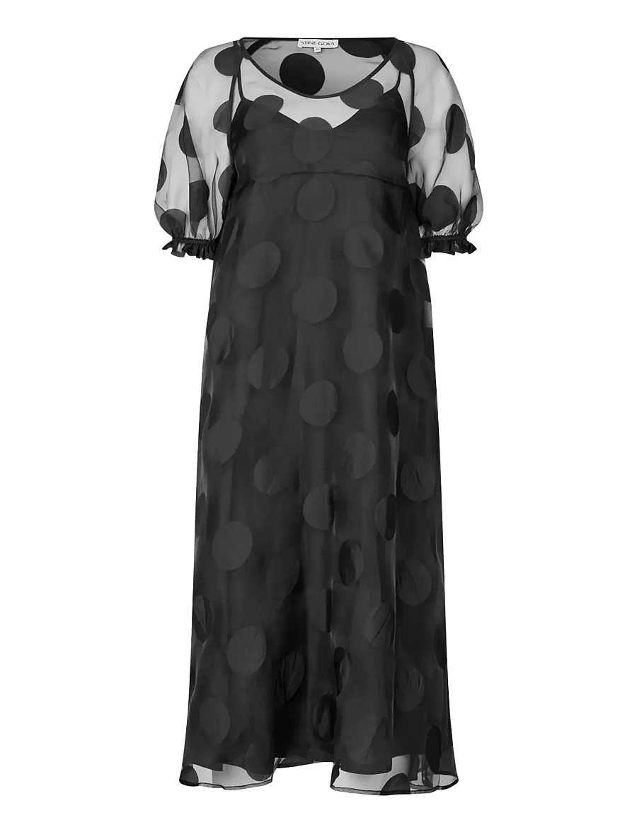 STINE GOYA - Dotted Organza, Puff Sleeve Long Dress - midi dresses - dotted black - 1