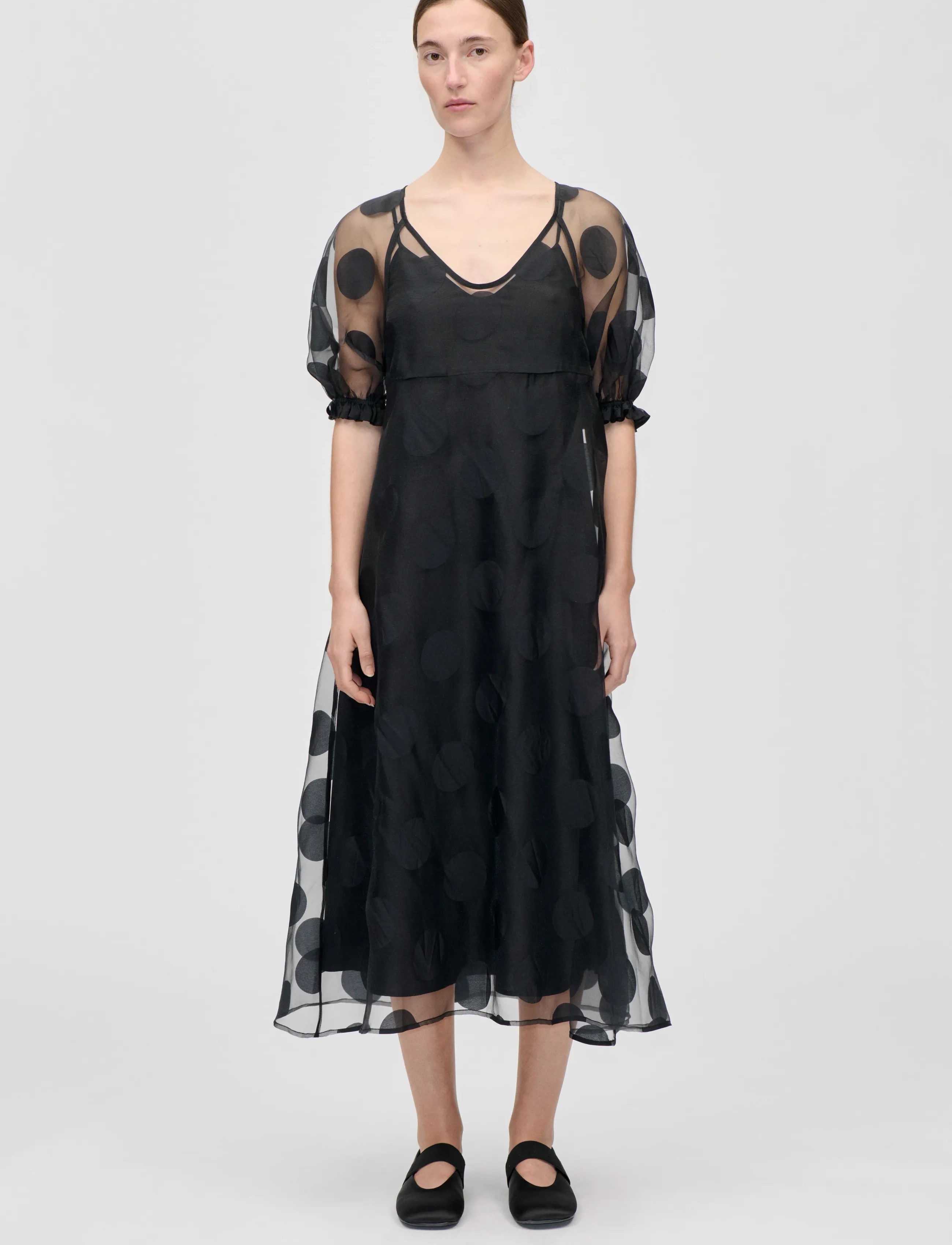 STINE GOYA Dotted Organza, Puff Sleeve Long Dress, XS, Black, Kjoler > Knælange Og Midi, Dame