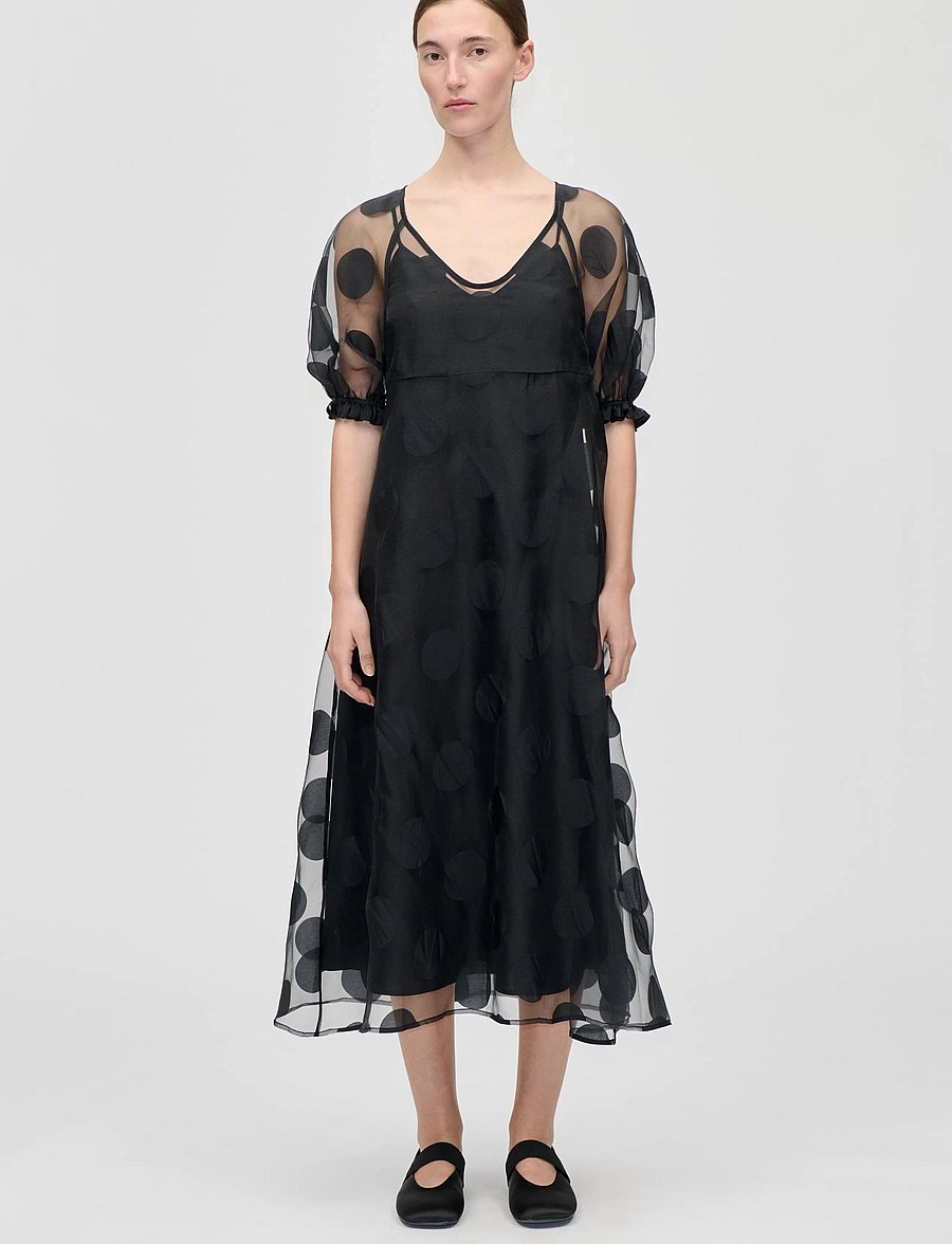 STINE GOYA - Dotted Organza, Puff Sleeve Long Dress - midi dresses - dotted black - 0