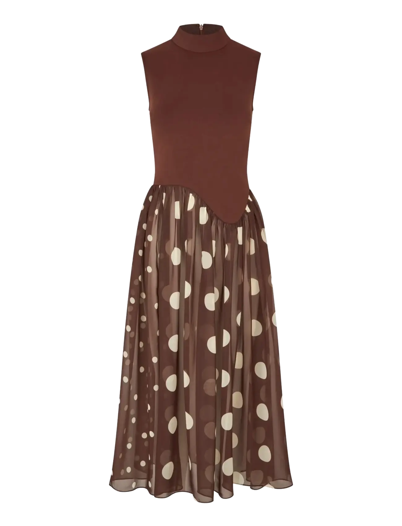 STINE GOYA Jersey / Georgette Combo, Asymmetrical Draped Dress - Tøj - ARTIST BLURRY DOTS / brown