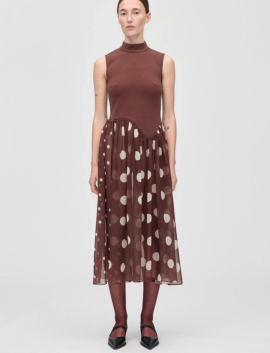 STINE GOYA - Jersey / Georgette Combo, Asymmetrical Draped Dress - midi-kleider - artist blurry dots - 0
