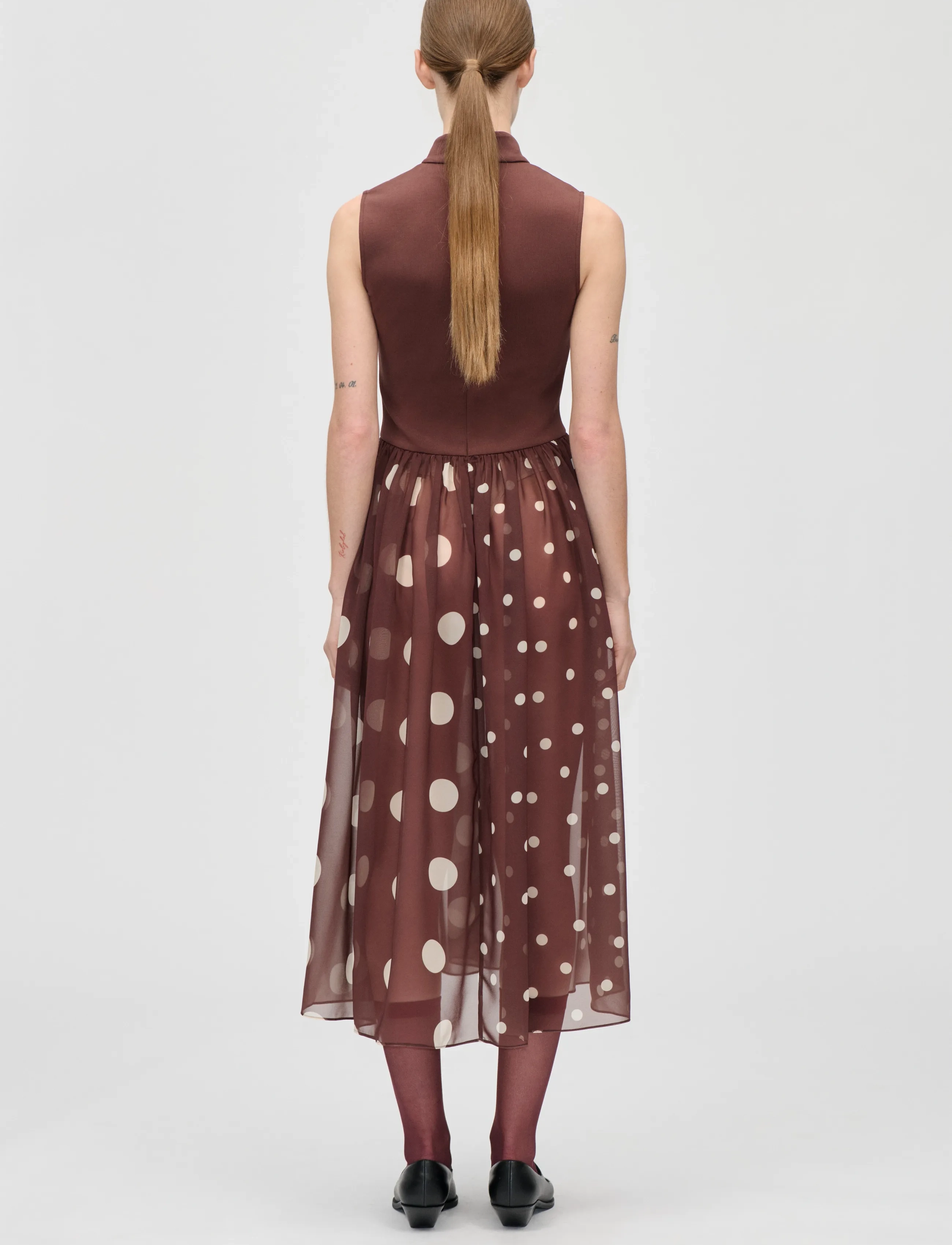 STINE GOYA - Jersey / Georgette Combo, Asymmetrical Draped Dress - peokleidid - artist blurry dots - 3