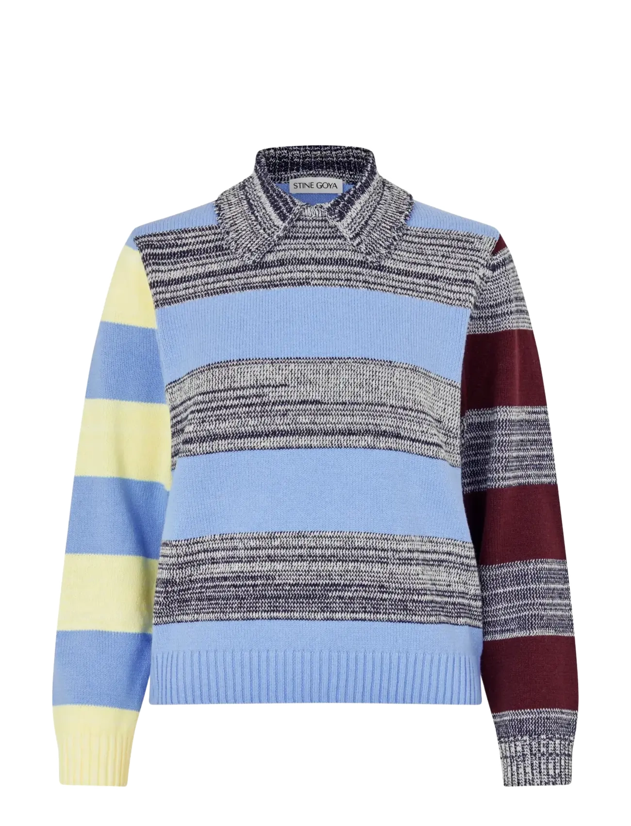 STINE GOYA Cotton Mix / Crochet Cotton, Mix Stripe Polo Collar Sweater - Transitional Layering - MULTISTRIPES BLUE MIX / multi