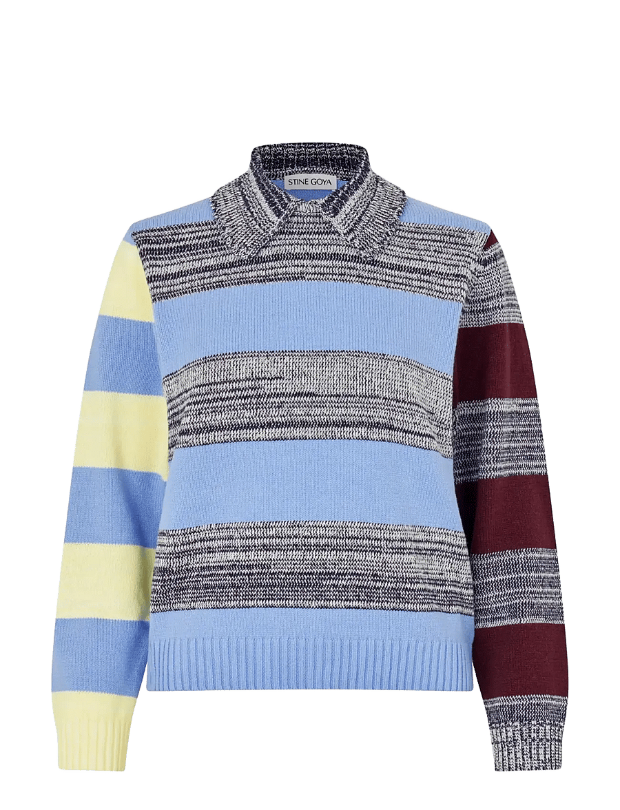 STINE GOYA - Cotton Mix / Crochet Cotton, Mix Stripe Polo Collar Sweater - trøjer - multistripes blue mix - 1
