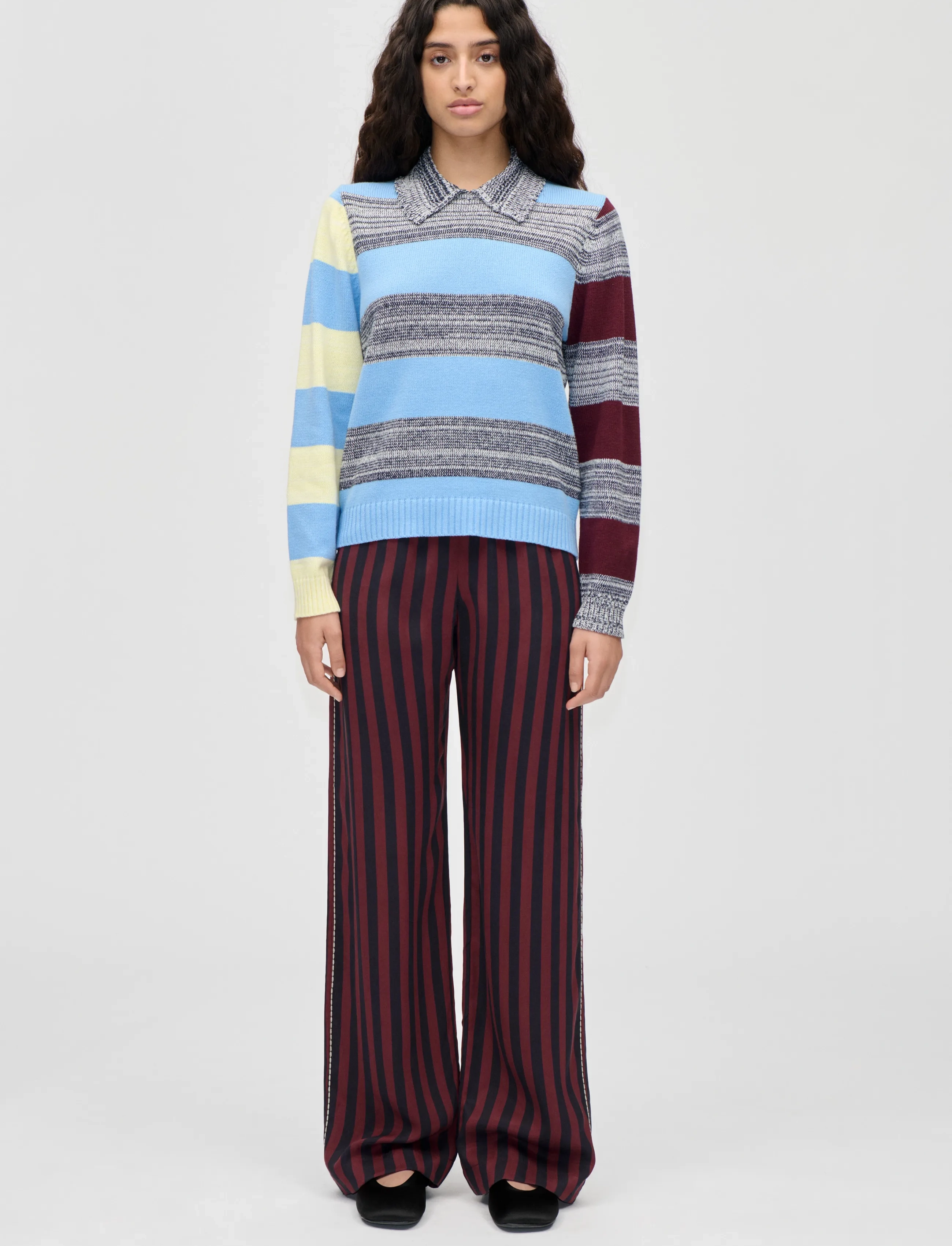 STINE GOYA Cotton Mix / Crochet Cotton, Mix Stripe Polo Collar Sweater, S, Multi/patterned, Strik > Trøjer, Dame