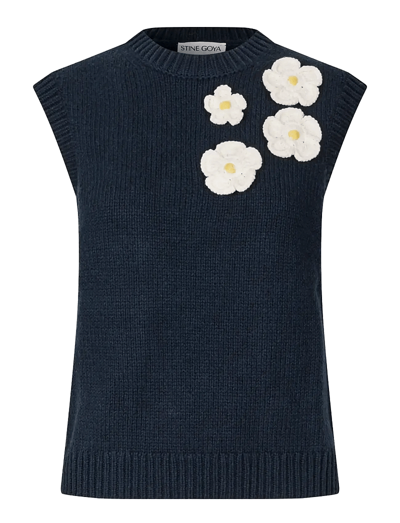 STINE GOYA - Cotton Wool Yarn, Crewneck Dropped Shoulder Vest - navy - 1
