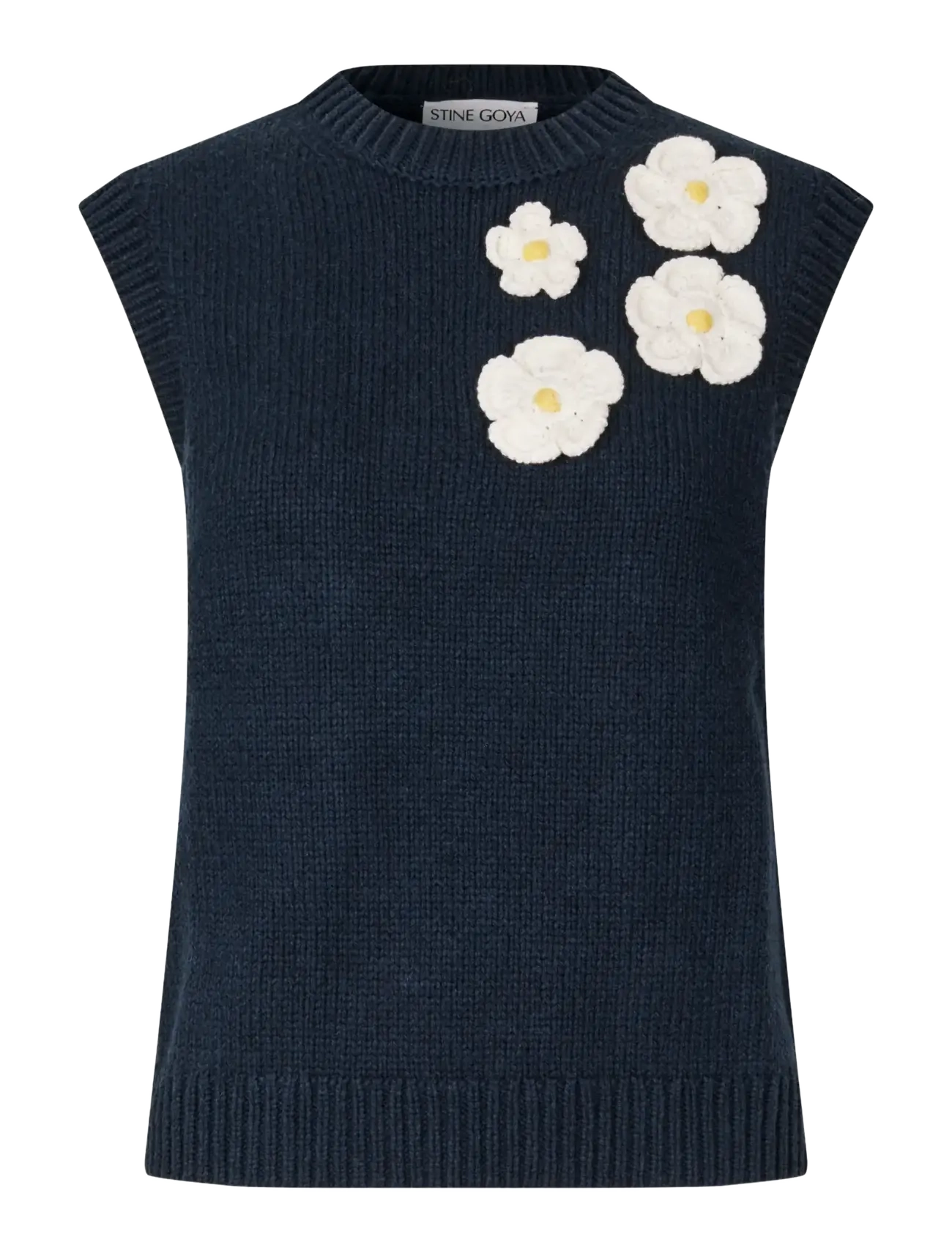 STINE GOYA - Cotton Wool Yarn, Crewneck Dropped Shoulder Vest - navy - 1