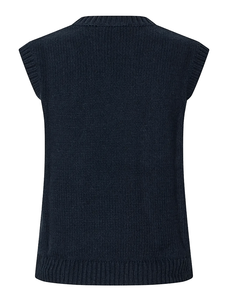 STINE GOYA - Cotton Wool Yarn, Crewneck Dropped Shoulder Vest - navy - 2
