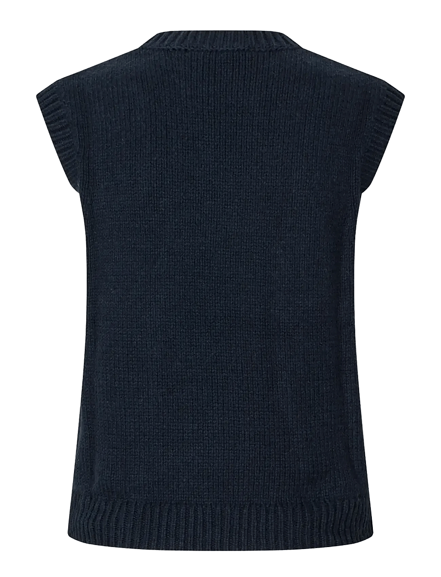STINE GOYA - Cotton Wool Yarn, Crewneck Dropped Shoulder Vest - navy - 2