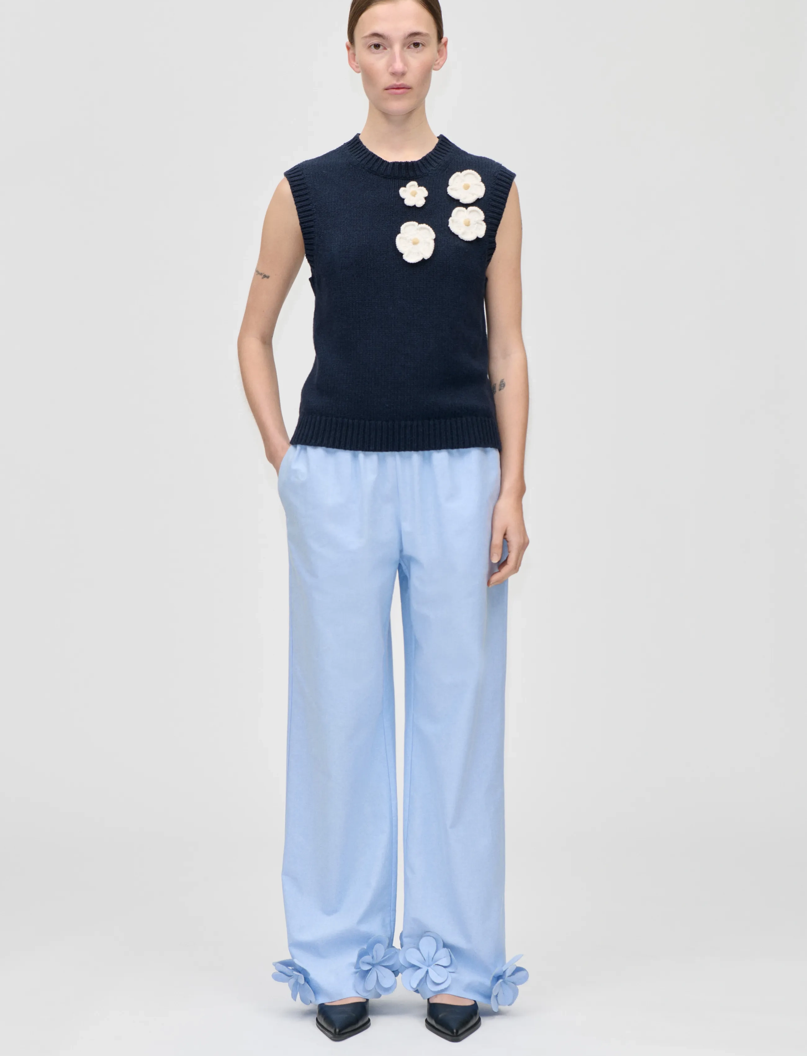 STINE GOYA - Cotton Wool Yarn, Crewneck Dropped Shoulder Vest - navy - 0
