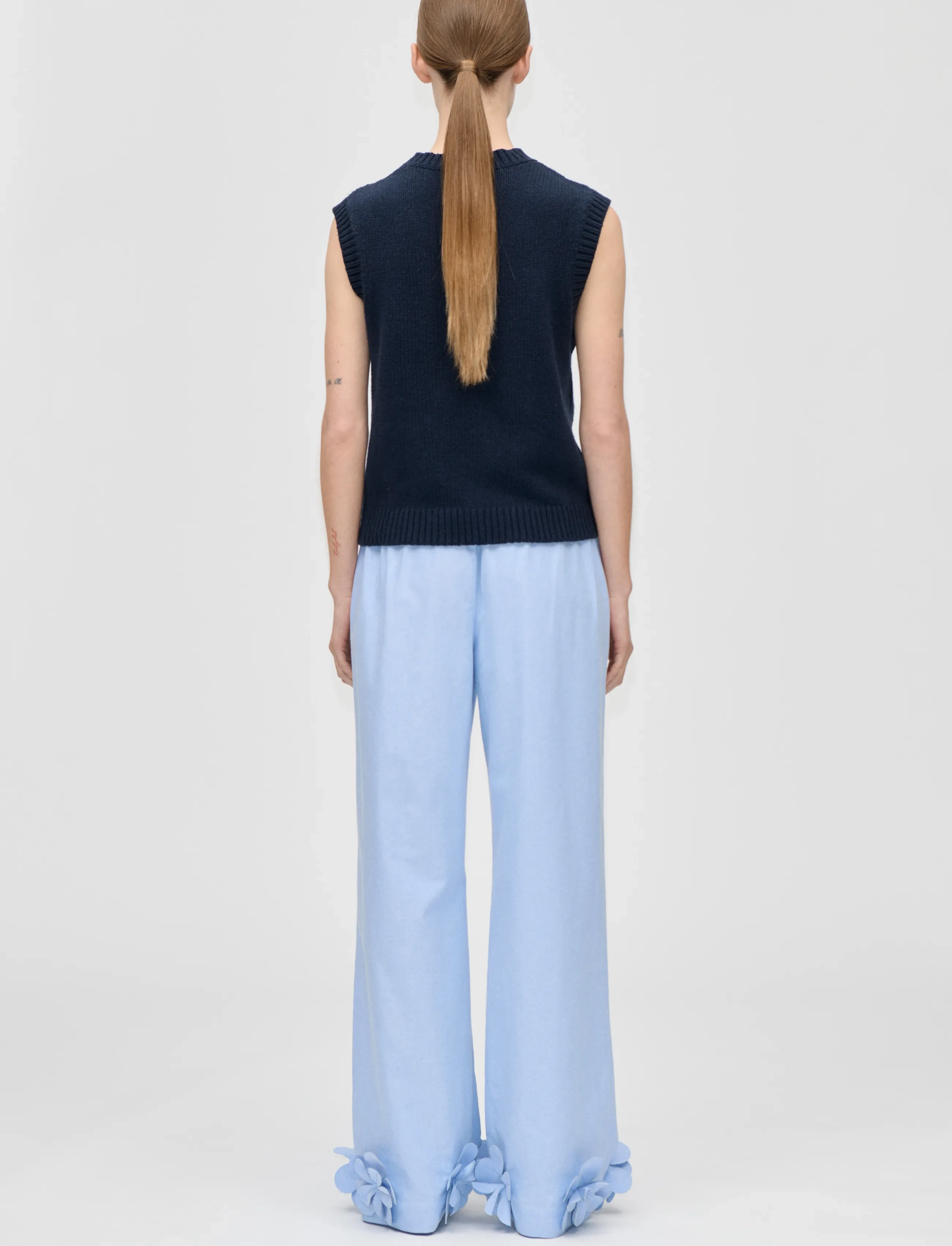 STINE GOYA - Cotton Wool Yarn, Crewneck Dropped Shoulder Vest - navy - 3
