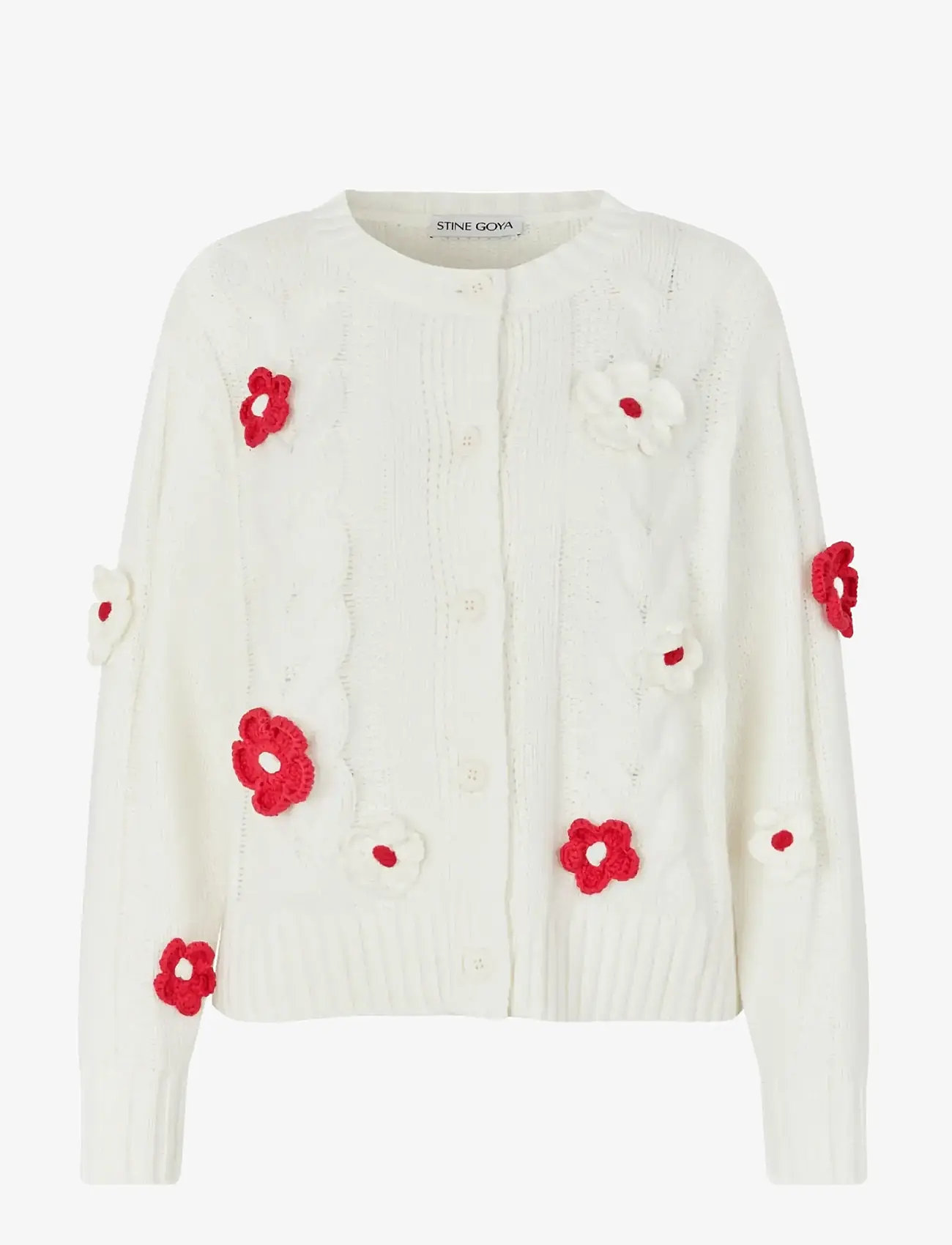 STINE GOYA - Cotton Wool Yarn, Crewneck Cable Cardigan - white - 1