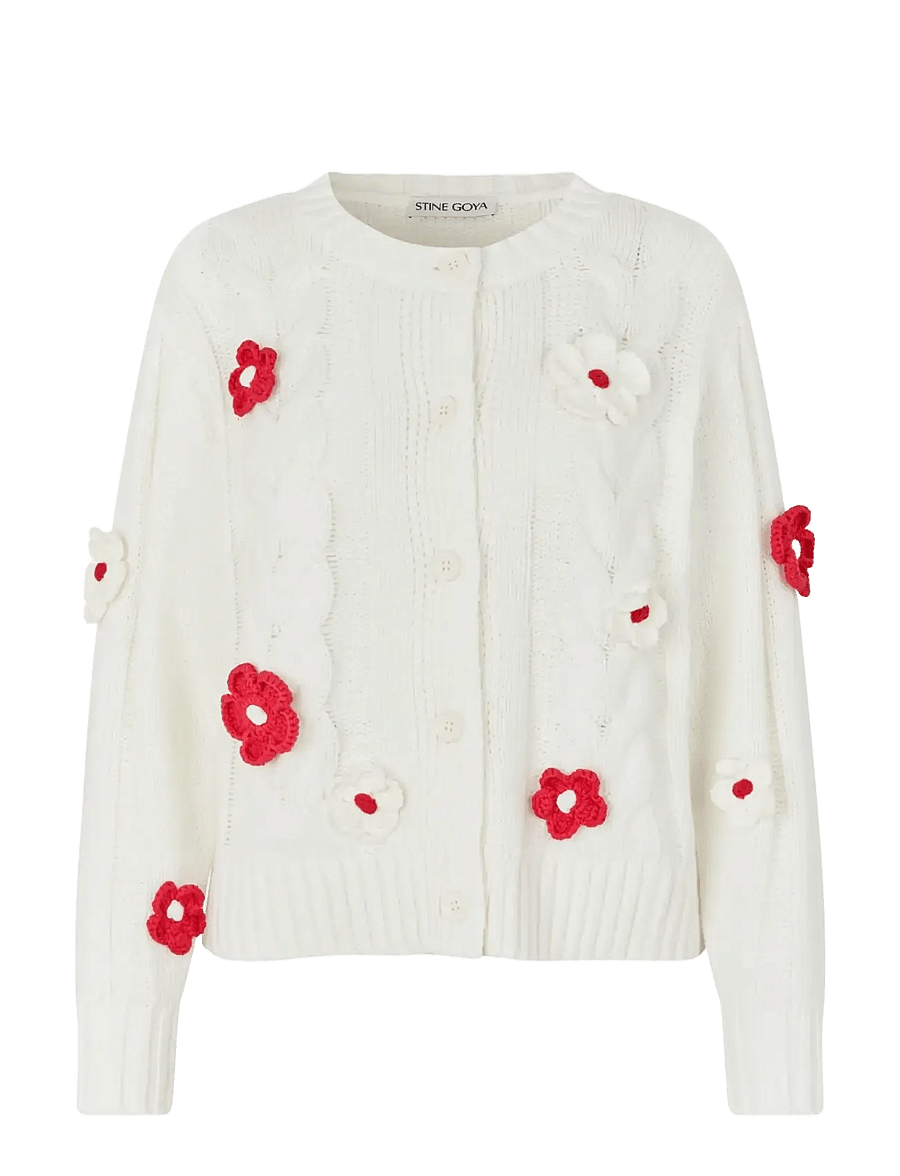STINE GOYA - Cotton Wool Yarn, Crewneck Cable Cardigan - white - 1