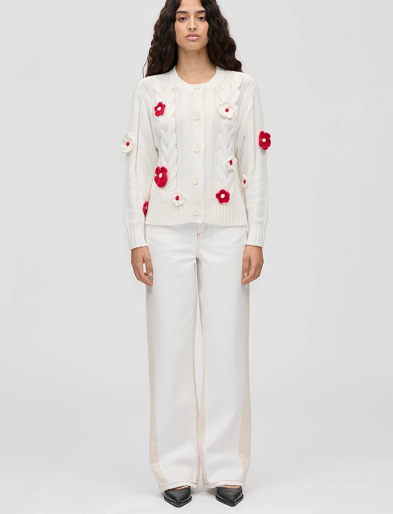 STINE GOYA - Cotton Wool Yarn, Crewneck Cable Cardigan - white - 0