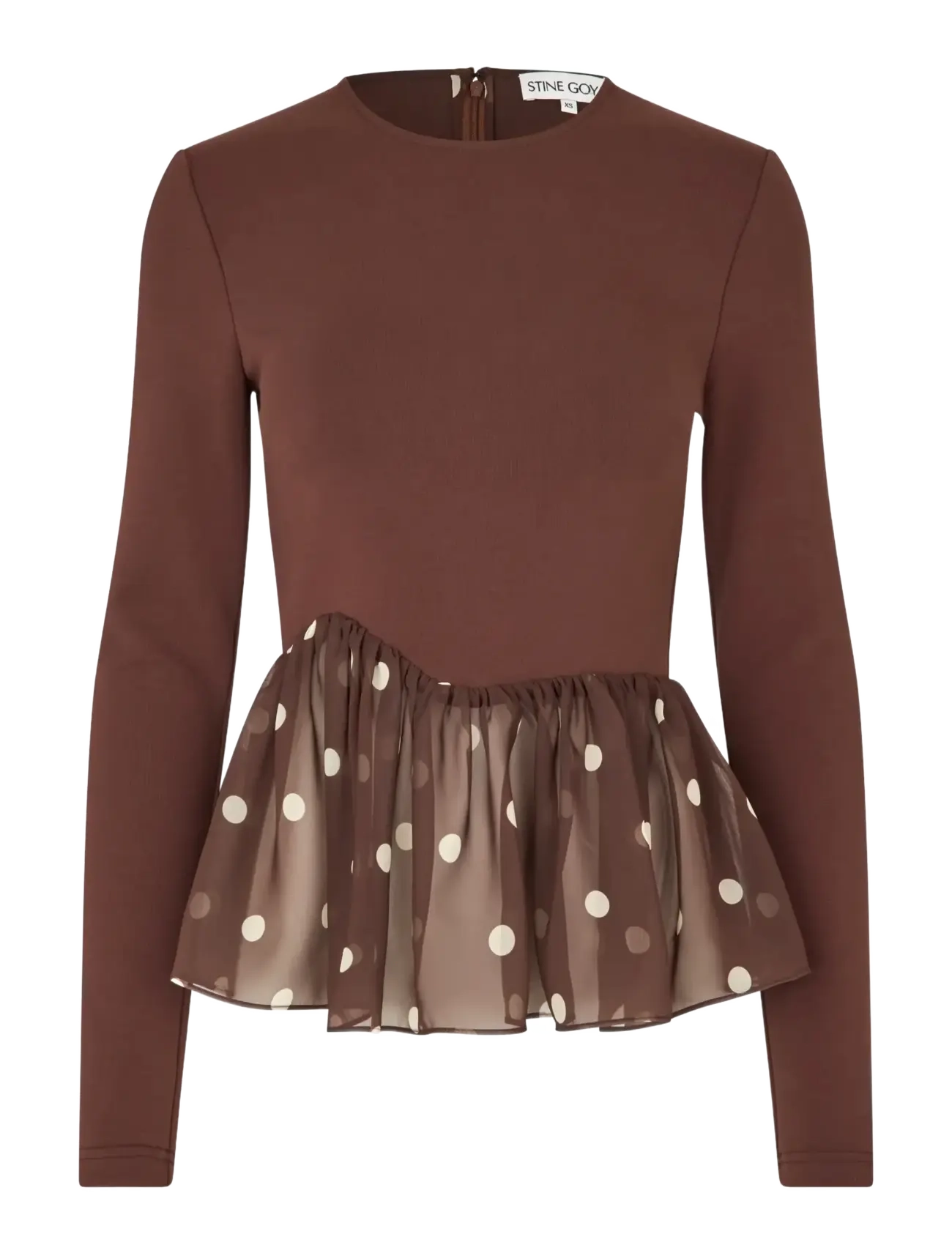 STINE GOYA Jersey / Georgette Combo, Asymmetrical Draped Top - Tøj - ARTIST BLURRY DOTS / brown