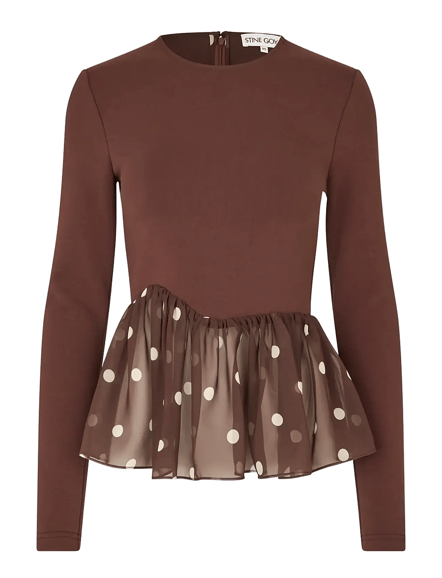 STINE GOYA - Jersey / Georgette Combo, Asymmetrical Draped Top - pitkähihaiset t-paidat - artist blurry dots - 1