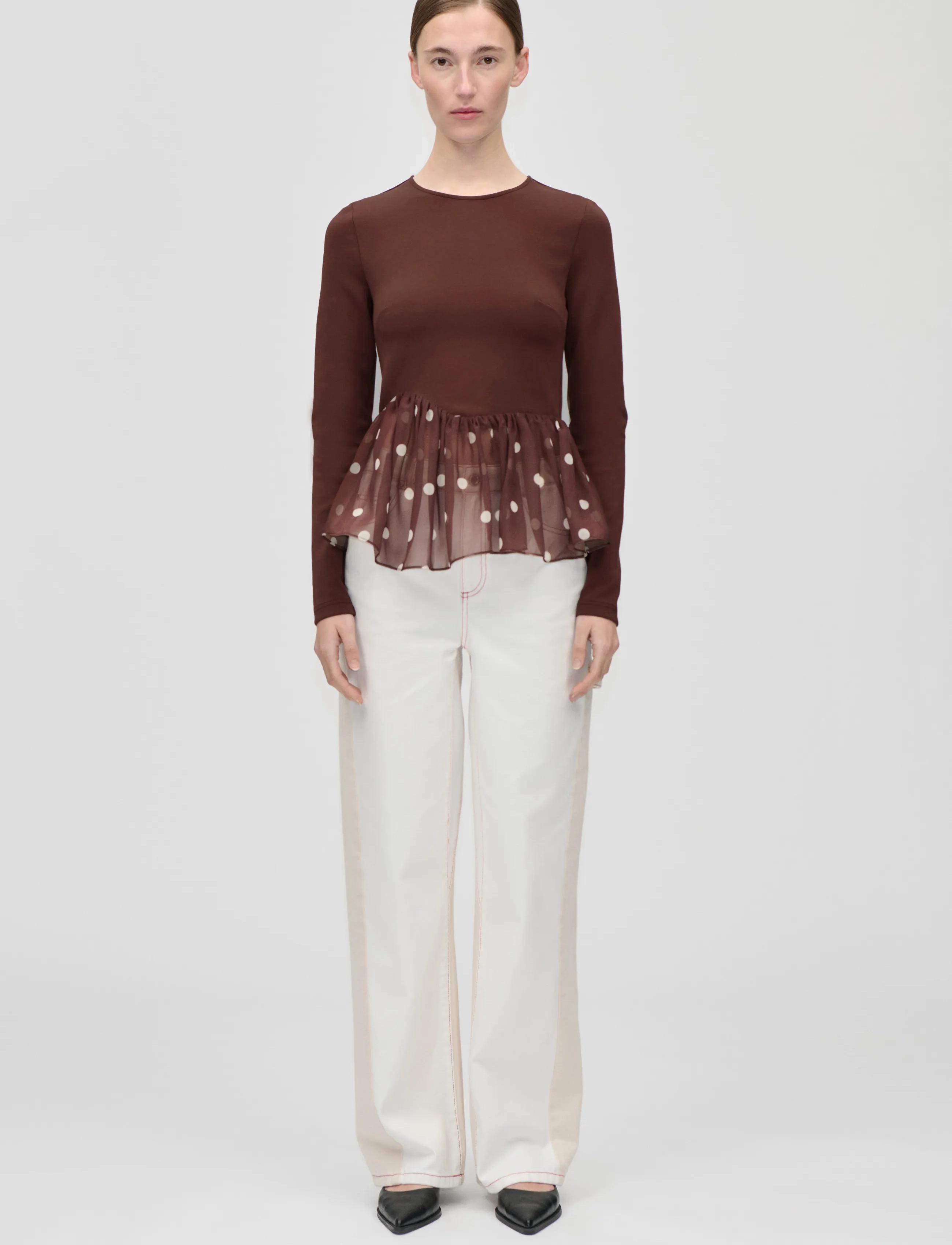 STINE GOYA Jersey / Georgette Combo, Asymmetrical Draped Top - Kleidung - ARTIST BLURRY DOTS / brown
