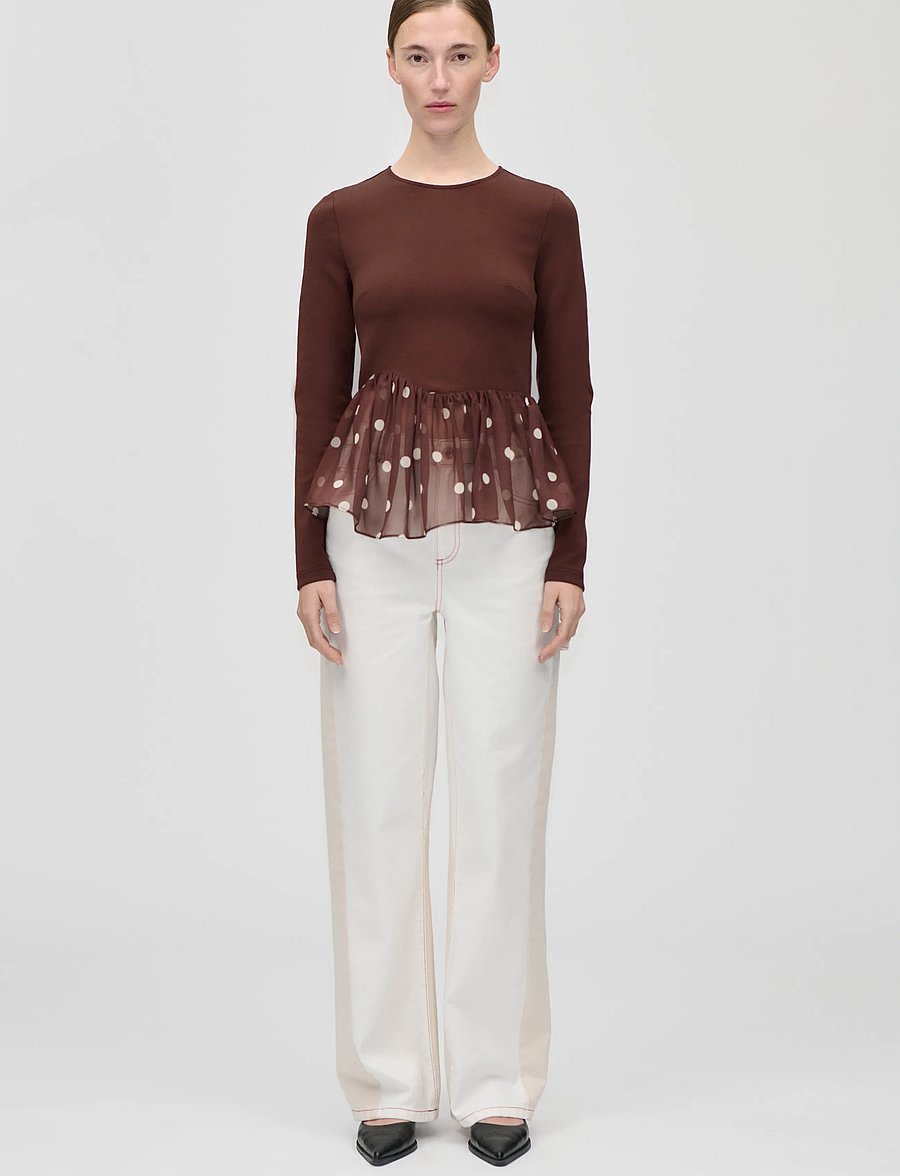 STINE GOYA - Jersey / Georgette Combo, Asymmetrical Draped Top - pitkähihaiset t-paidat - artist blurry dots - 0