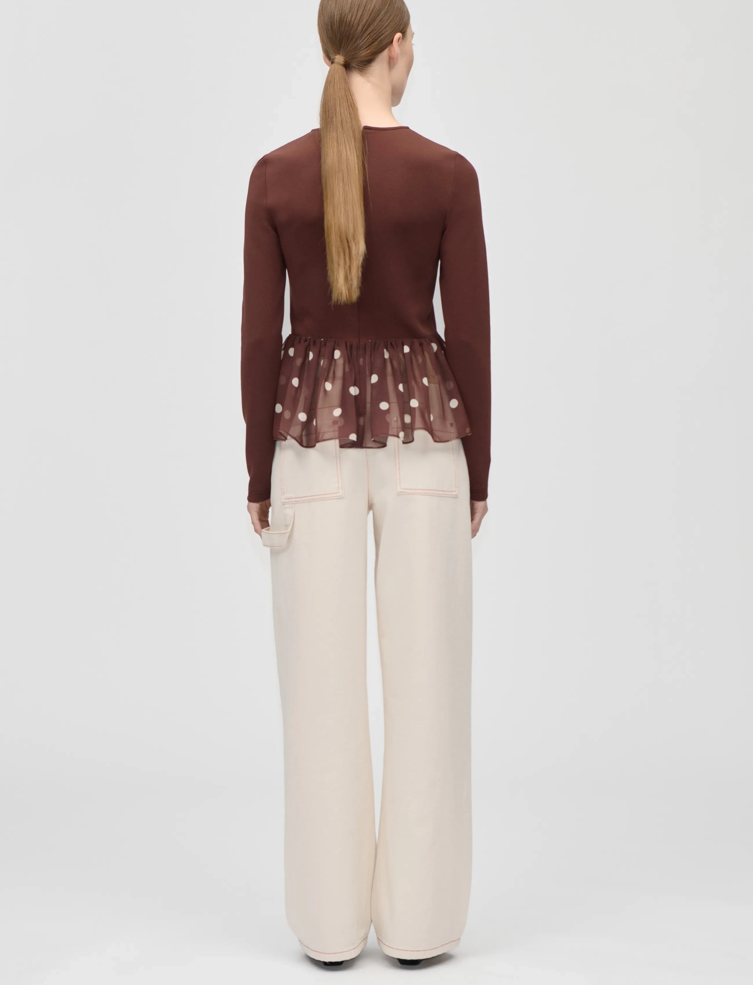 STINE GOYA - Jersey / Georgette Combo, Asymmetrical Draped Top - long-sleeved tops - artist blurry dots - 3