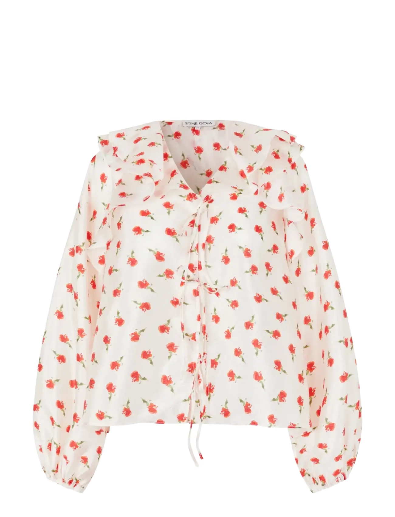 STINE GOYA Flat Textured Poly, Multi Ruffle Raglan Top - Bluser - DITZY PETUNIA / white
