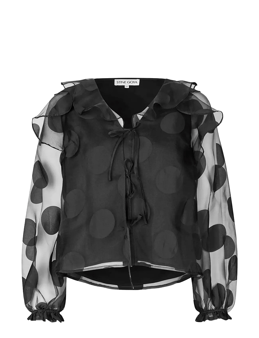 STINE GOYA - Dotted Organza, Multi Ruffle Raglan Top - långärmade blusar - dotted black - 1