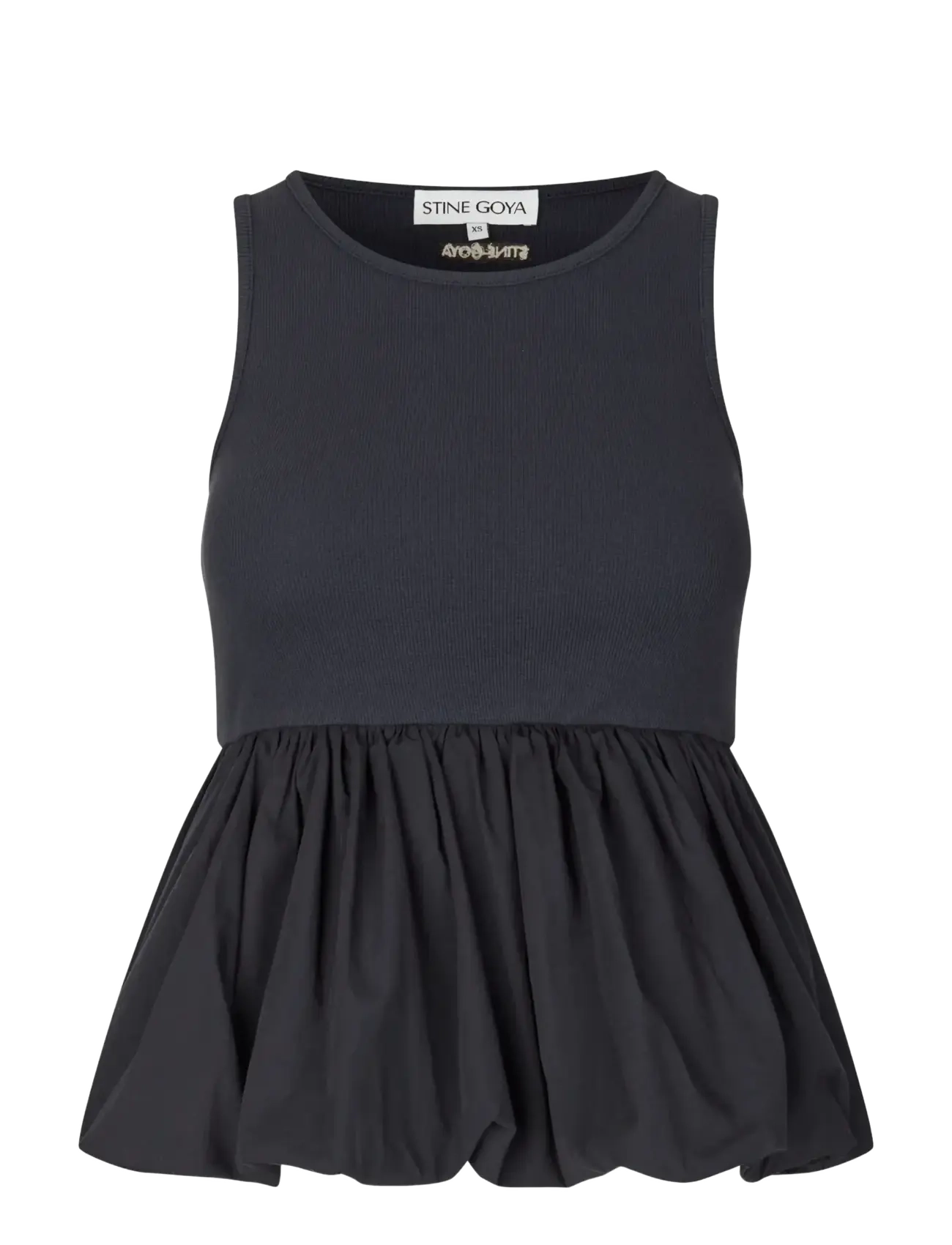 STINE GOYA Rib / Light Cotton, Sleeveless Balloon Top - Rõivad - DEEP WELL / black