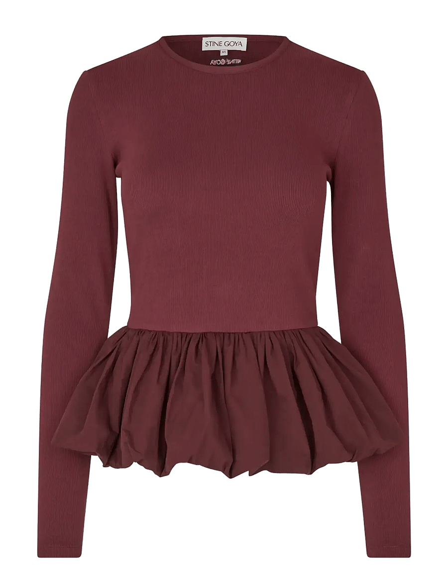 STINE GOYA - Rib / Light Cotton, Long Sleeve Balloon Top - långärmade toppar - tawny port - 1