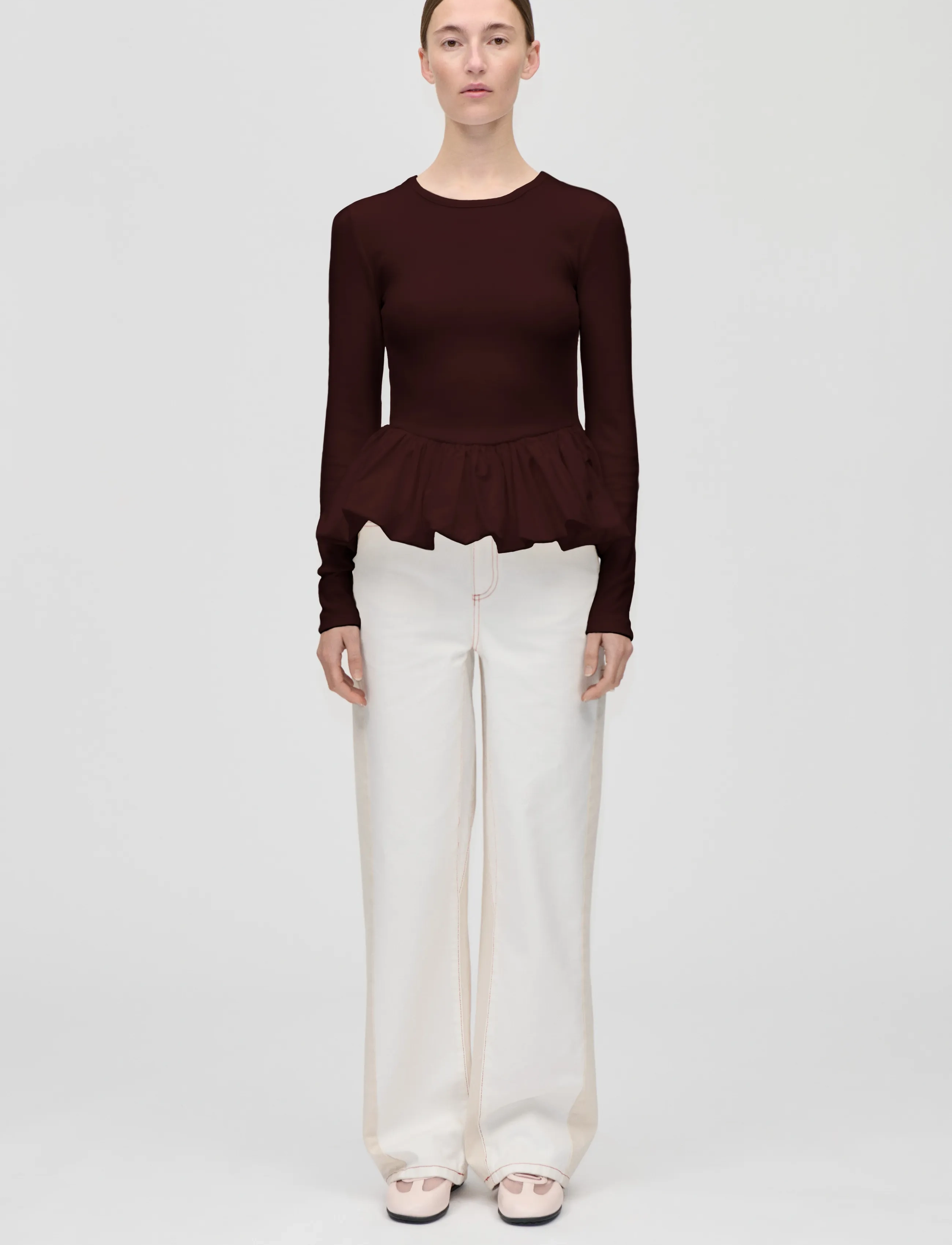 STINE GOYA Rib / Light Cotton, Long Sleeve Balloon Top, Kvinder, Langærmet Ballon Top, Bordeaux, Str: XL