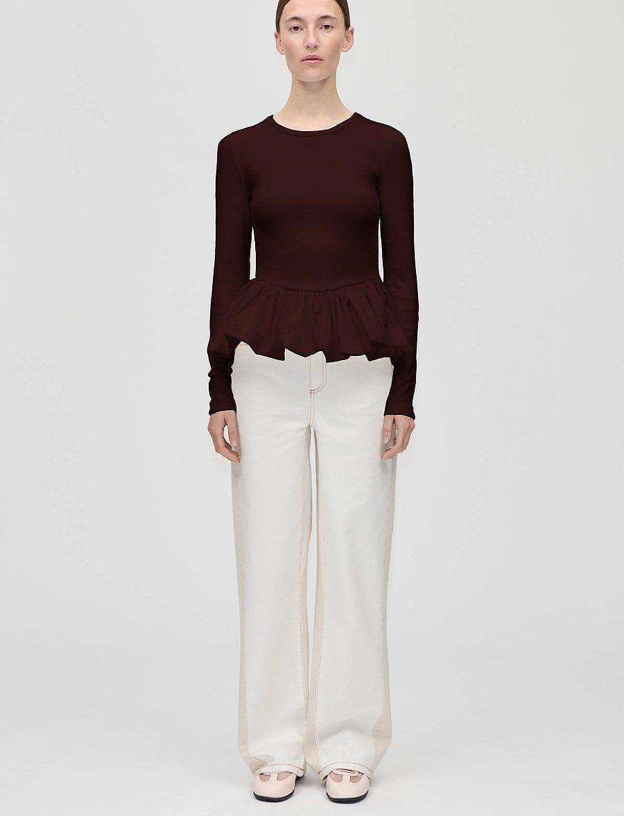 STINE GOYA - Rib / Light Cotton, Long Sleeve Balloon Top - långärmade toppar - tawny port - 0