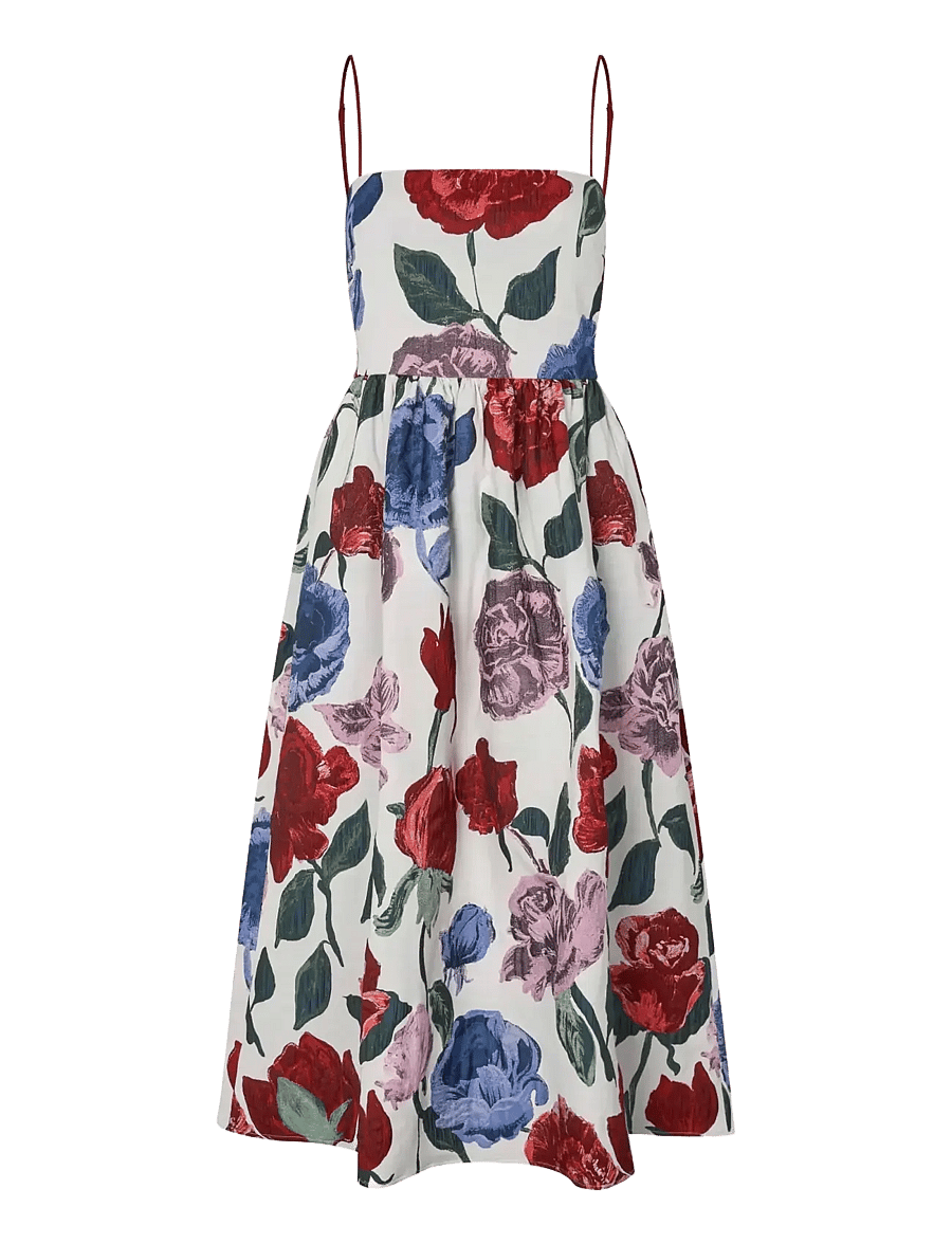STINE GOYA - 2269 Woven Jacquard, Voluminous Str - midi dresses - blush roses on indigo - 1