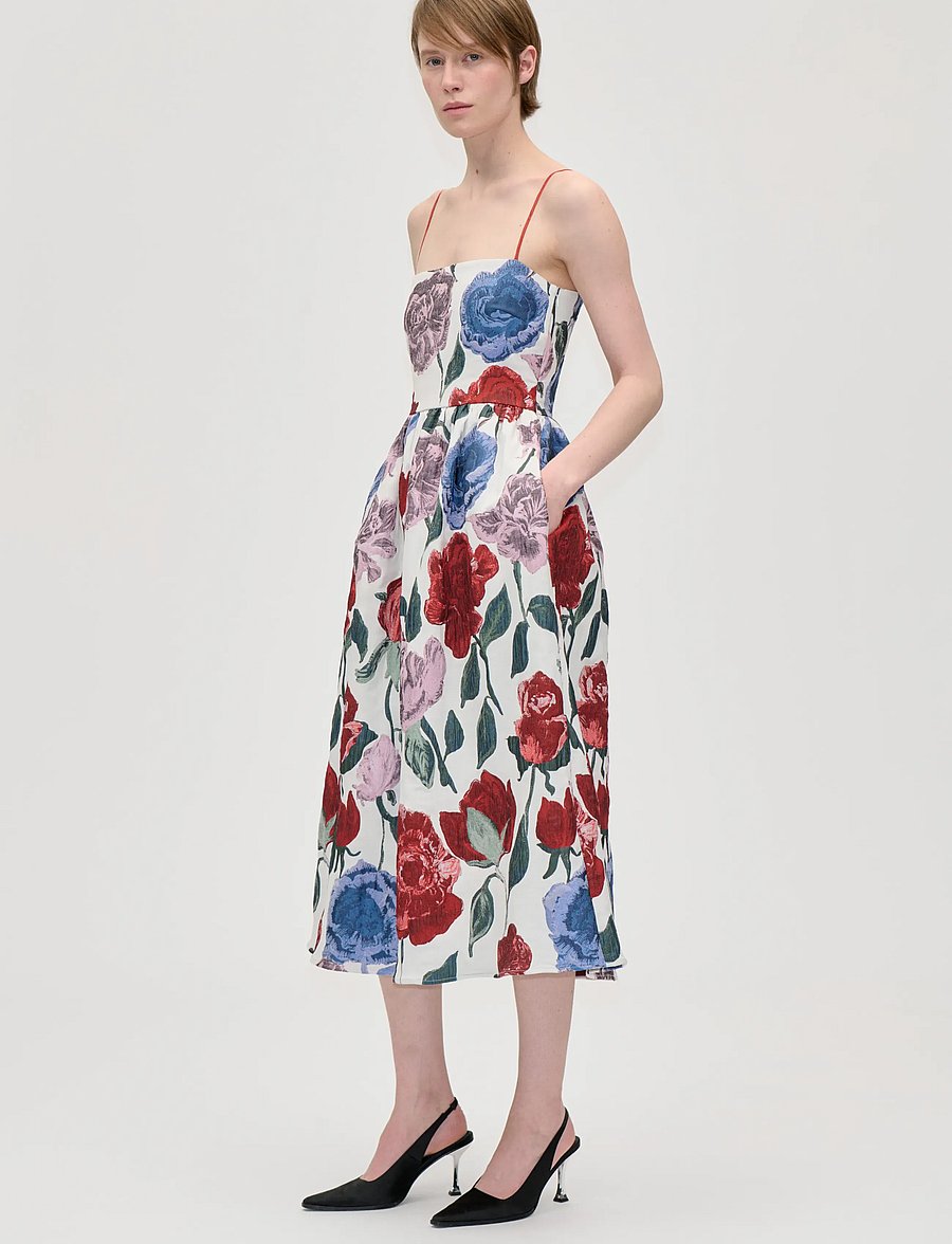 STINE GOYA - 2269 Woven Jacquard, Voluminous Str - midi dresses - blush roses on indigo - 0