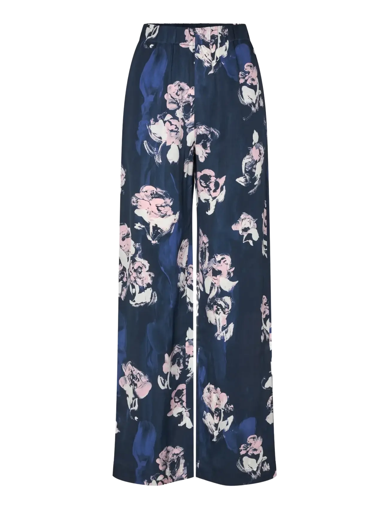 STINE GOYA - 2263 Dry Viscose, Elasticated Long - wide leg trousers - blush roses on indigo - 1