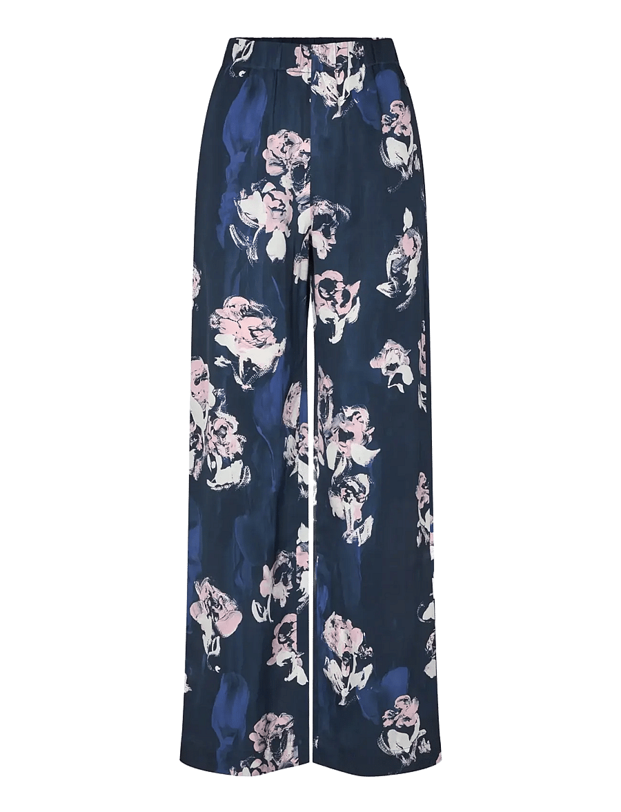 STINE GOYA - 2263 Dry Viscose, Elasticated Long - wide leg trousers - blush roses on indigo - 1