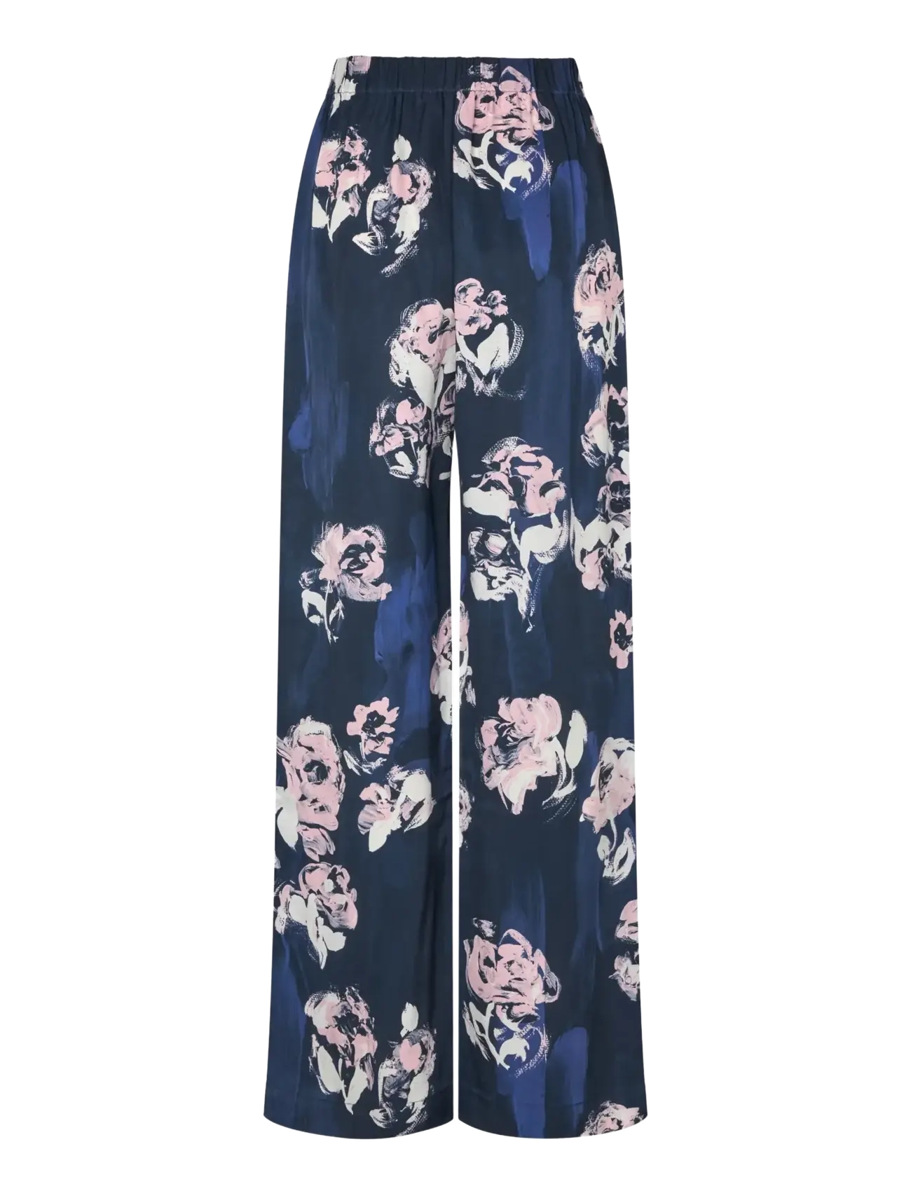 STINE GOYA - 2263 Dry Viscose, Elasticated Long - wide leg trousers - blush roses on indigo - 2