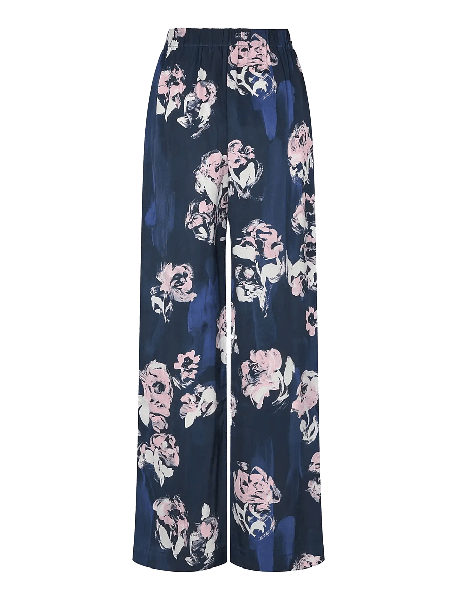 STINE GOYA - 2263 Dry Viscose, Elasticated Long - wide leg trousers - blush roses on indigo - 2