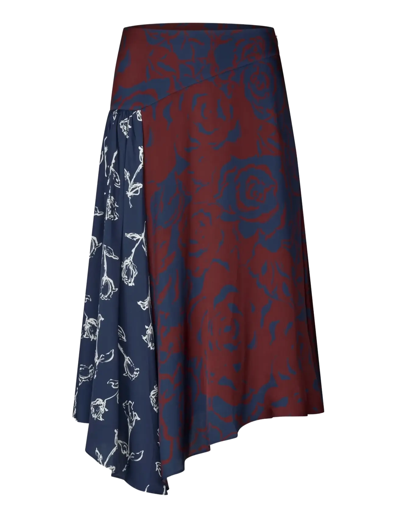 STINE GOYA 2570 Fluid Silk Blend, Skirt Asymme - Danska märken - GRAPHIC ROSE BURGUNDY / navy