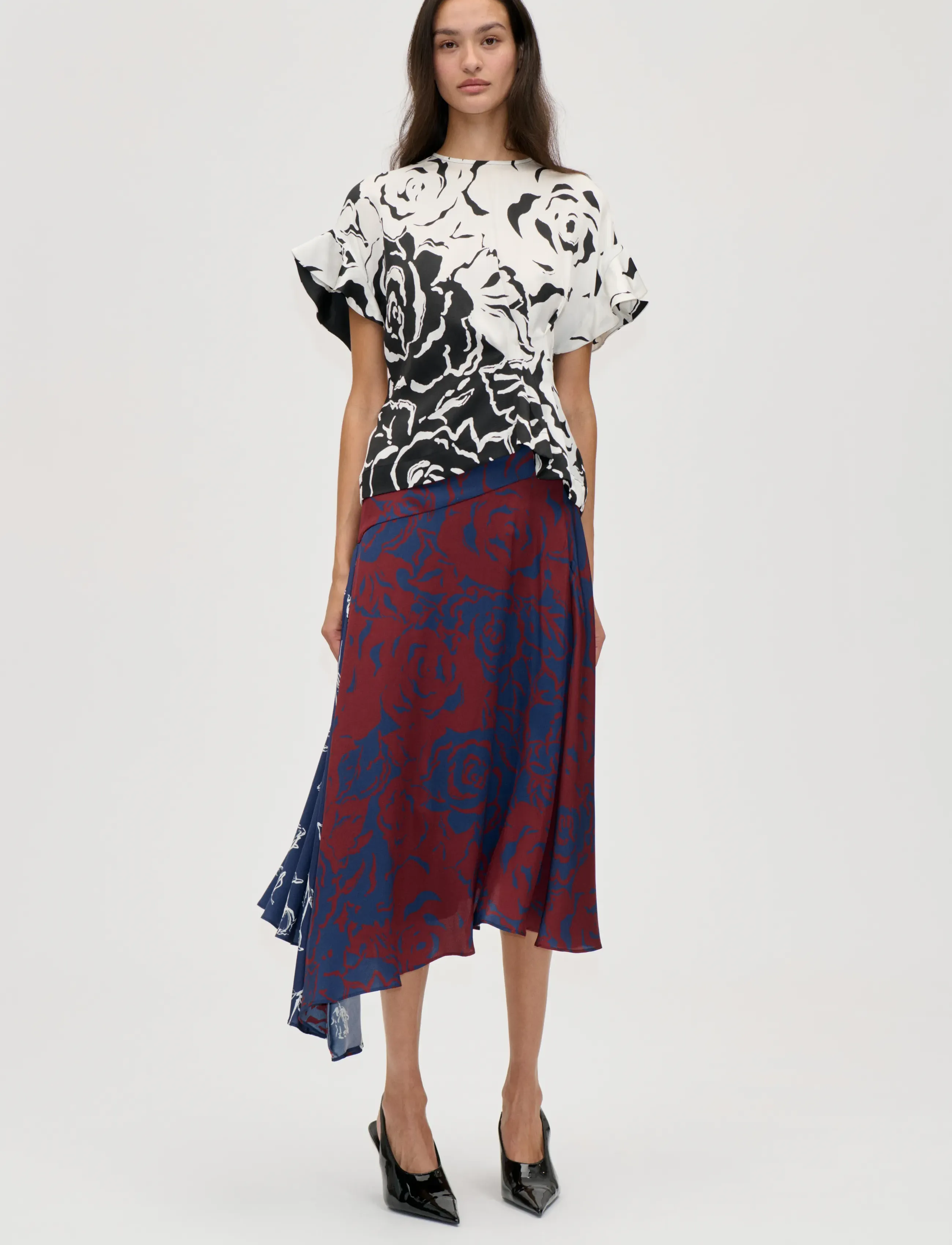 STINE GOYA - 2570 Fluid Silk Blend, Skirt Asymme - midi kjolar - graphic rose burgundy - 0
