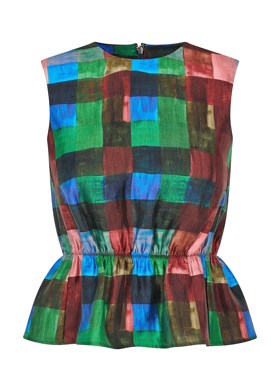 STINE GOYA - 2568 Soft Woven, Top With Cinched W - linnen - watercolor checks - 2