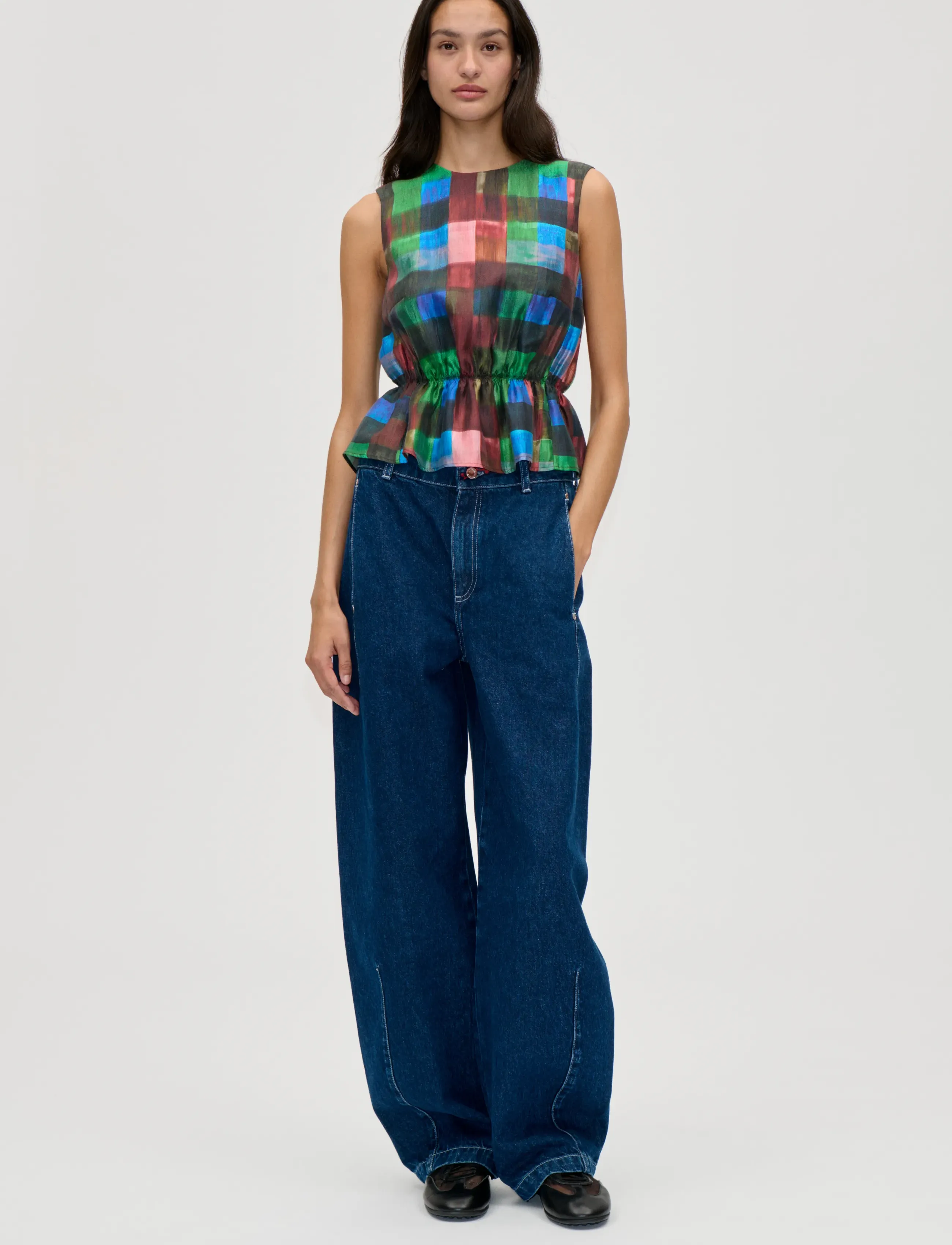 STINE GOYA - 2568 Soft Woven, Top With Cinched W - linnen - watercolor checks - 0