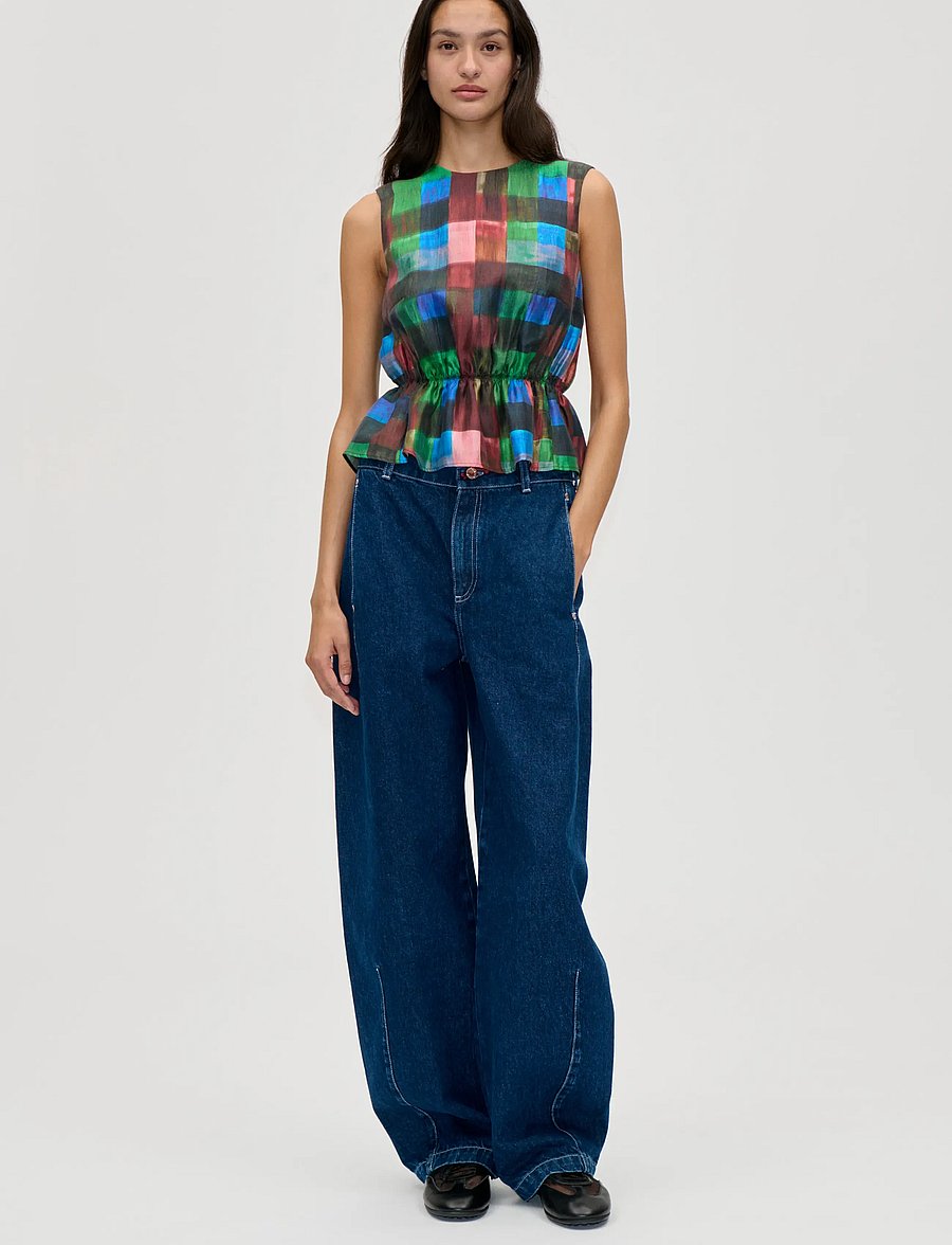 STINE GOYA - 2568 Soft Woven, Top With Cinched W - linnen - watercolor checks - 0