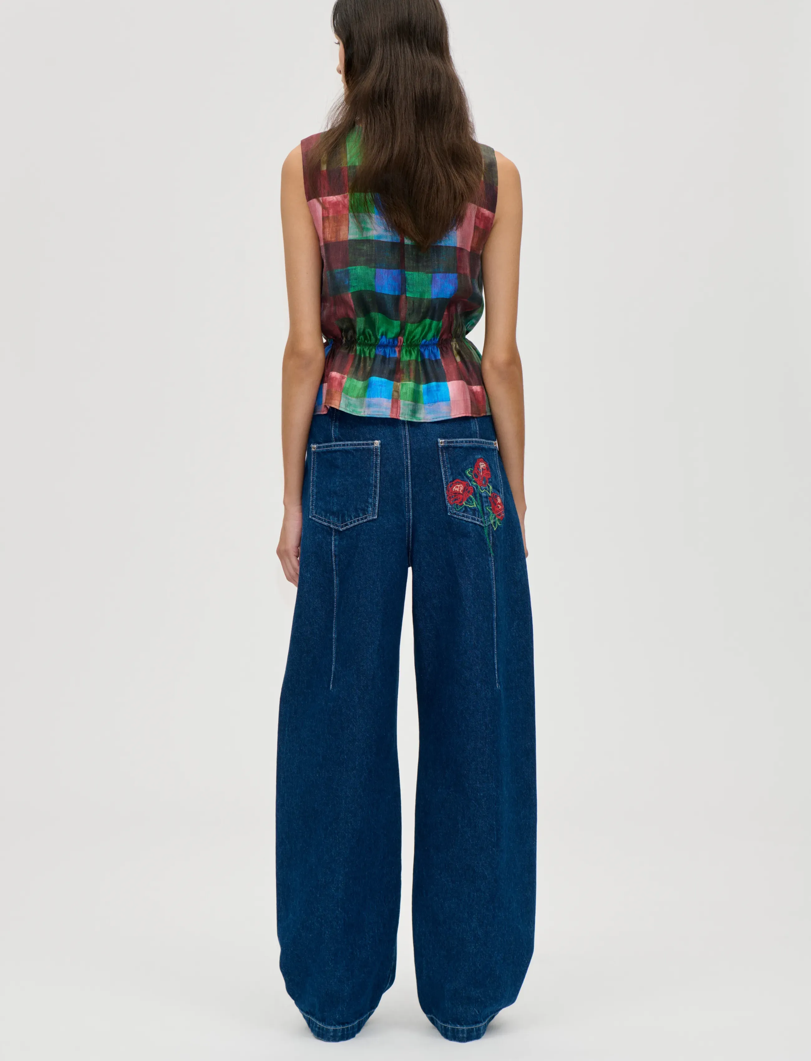 STINE GOYA - 2568 Soft Woven, Top With Cinched W - linnen - watercolor checks - 3